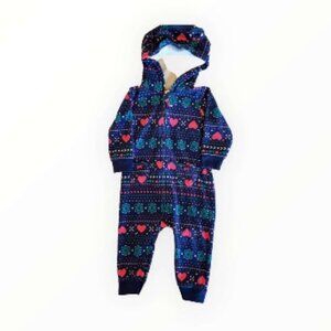 Carter's Fleece Hooded Footed Outerwear - Fair Isle Hearts Print, Size 9M (93-1)
